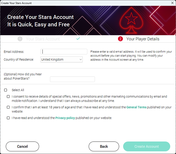 PokerStars Real Money - Create account form