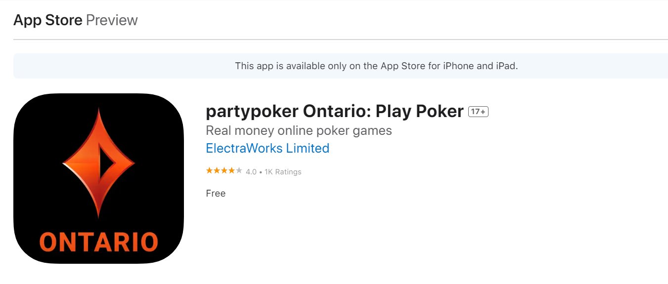 PartyPoker Ontario iOS app