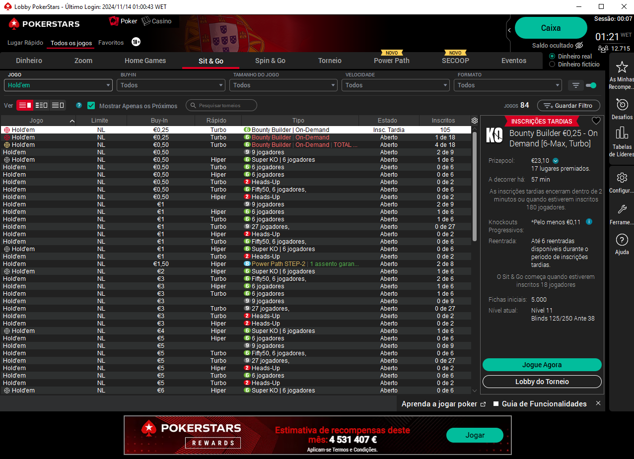 PokerStars Portugal Dinheiro Real - Lobby de Torneios Sit & Go