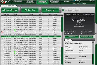 This is the PAF poker lobby with tournament dates and poker players' results.