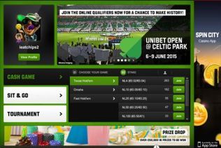 This is Unibet Poker mobile menu with poker game avatar and options to play cash games and tournaments.