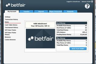 The Betfair cashier shows all available money at the player's account