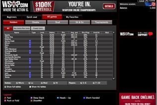 The tournament dates and pot sizes appear in the WSOP.com NJ lobby.