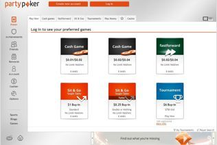 Login options shows the preferred poker games in the PartyPoker NJ lobby.