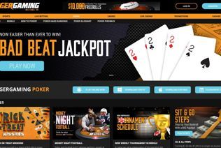 The Tiger Gaming Poker homepage shows buttons to download or play poker online.