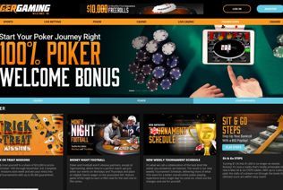 Promotions and different types of poker games appear on the Tiger Gaming poker page.