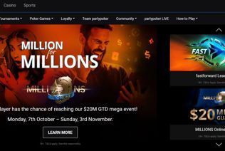 The partypoker homepage shows popular partypoker promotions