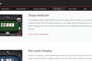 The description Texas Hold'em and Pot Limit Omaha available at GGPoker.