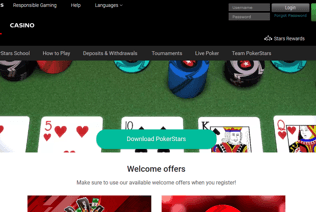 The PokerStars homepage shows the game download button and welcome offer options.