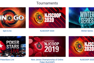 The PokerStars NJ Tournaments page shows Spin and Go, NJSCOOP, Winter Series tournaments available in NJ.