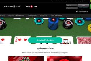 The PokerStars homepage shows the game download button and welcome offer options.