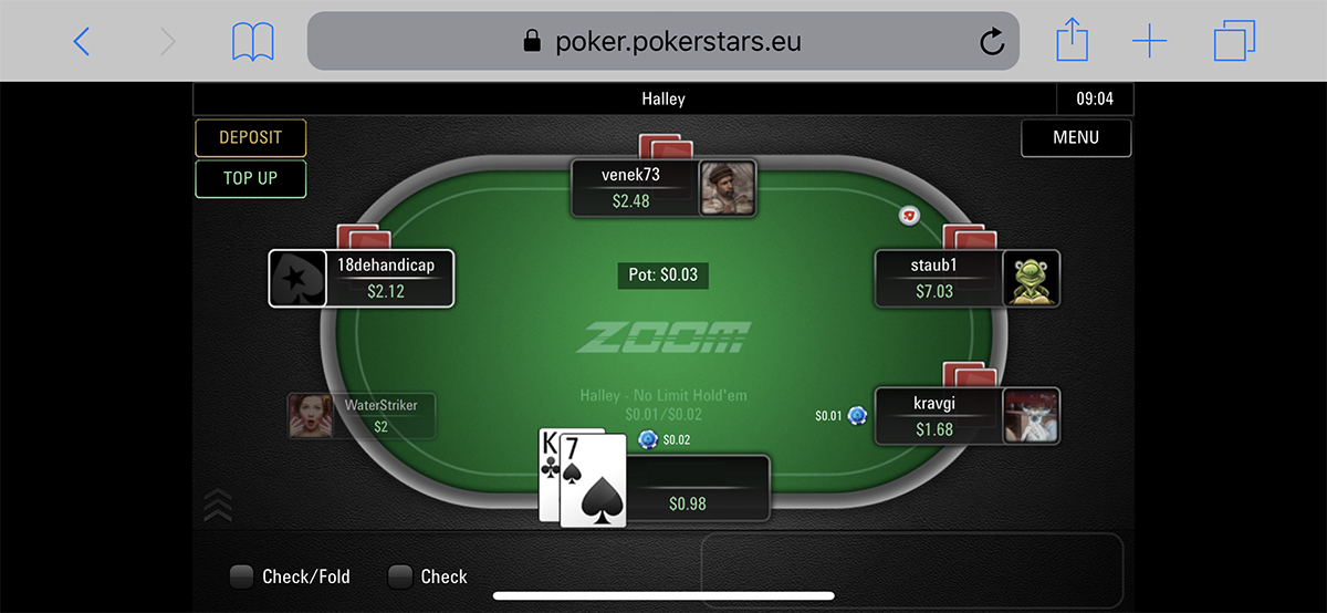 PokerStars Mobile ZOOM game running in the browser