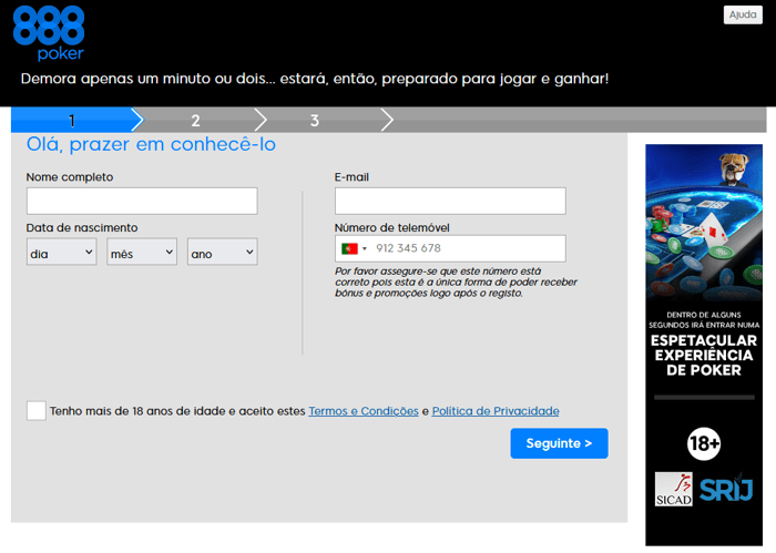 Formulário de Registo da 888poker Portugal