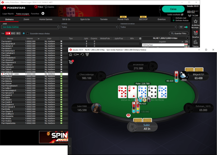 Lobby e mesa de poker com dinheiro fictício da PokerStars