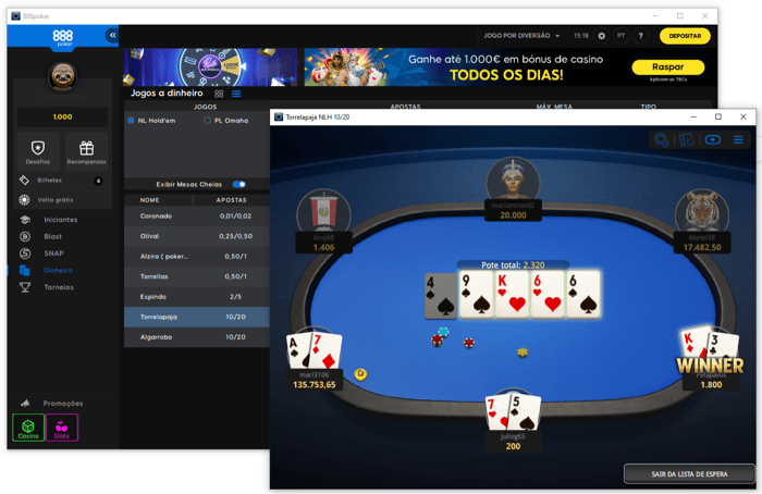 Lobby e mesa de poker com dinheiro fictício da 888poker